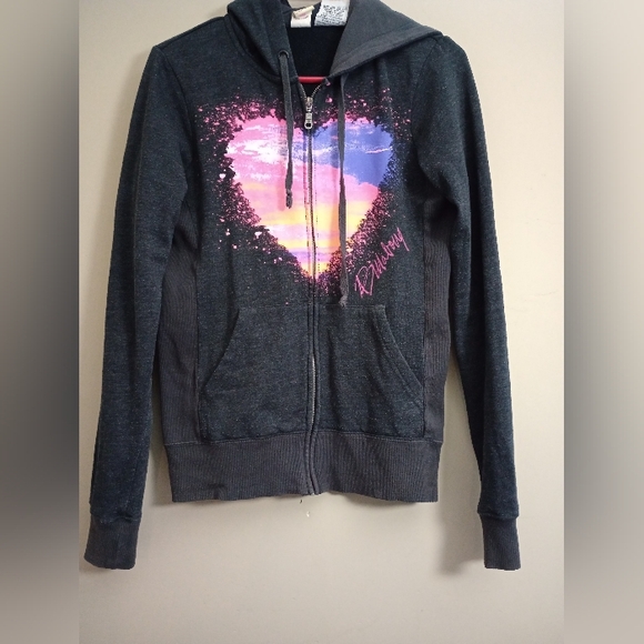 Billabong Grey Full Zip Hooded Sweatshirt with Heart Graphic Size Medium - Picture 1 of 7